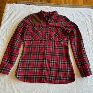 Eddie Bauer Woman's Red Plaid Flannel Shirt with faux leather shoulder patch